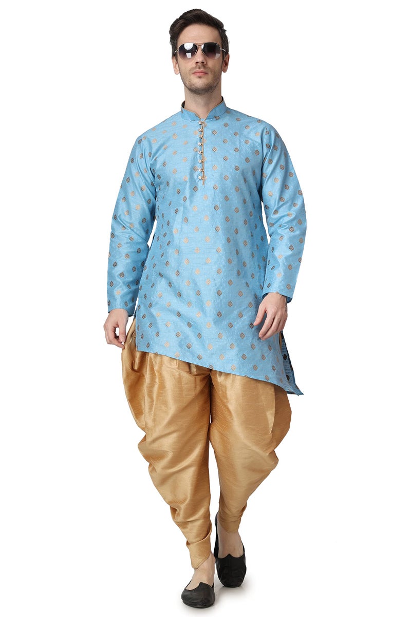 Royal Kurta Men's Turquoise Blue Jacquard Silk Printed Kurta (Size-40) - Image 5