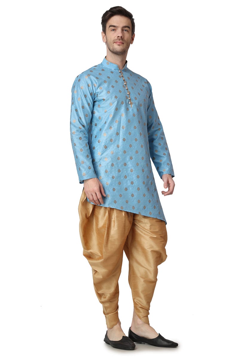 Royal Kurta Men's Turquoise Blue Jacquard Silk Printed Kurta (Size-40) - Image 3