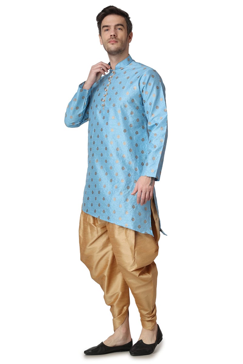 Royal Kurta Men's Turquoise Blue Jacquard Silk Printed Kurta (Size-40) - Image 2