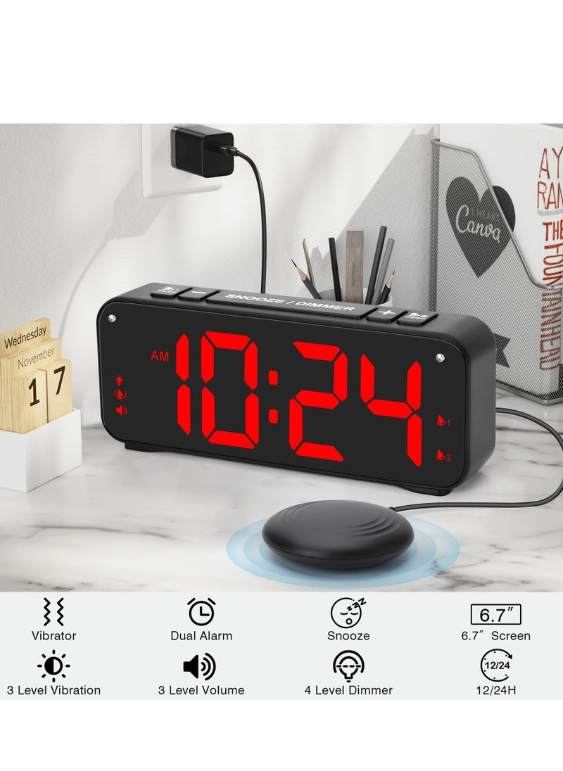 SYOSI - Loud Alarm Clock for Heavy Sleepers Adults, Dual Alarm Clock with Bed Shaker, Digital Vibrating Alarm Clock for Bedrooms, 6.5″large Display with Dimmer, Snooze & 12/24h & Battery Backup (Red) - Image 1