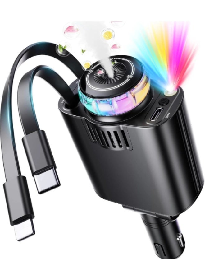 Retractable 5-in-1 Car Charger | with USB-C Fast Charging, Built-in Aromatherapy Diffuser & Starlight Ambient Light | Multi-Device Charging for iPhone, Android - Image 1