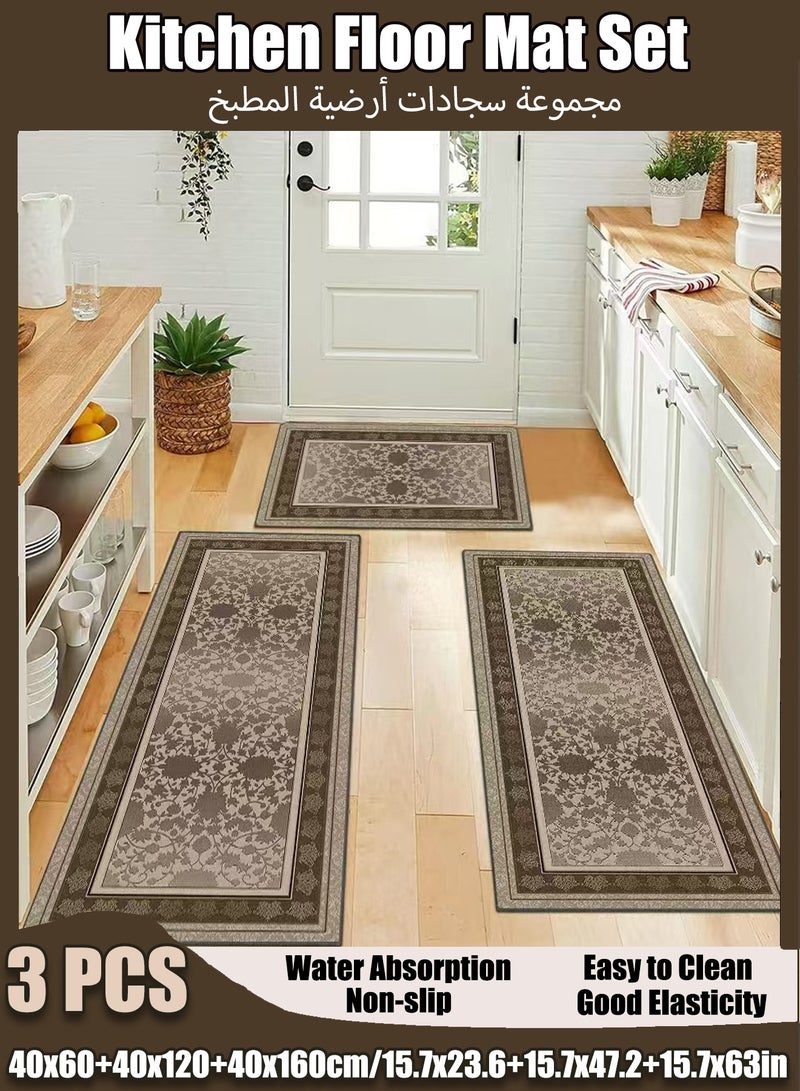 Kitchen Rug Set,3-Piece Kitchen Rug Set – Crystal Velvet Non-Slip Absorbent Floor Mats for Front of Sink, Hallway & Bathroom – Soft and Durable Standing Carpets for Home Use - Image 1