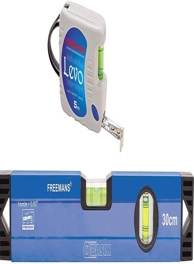 FREEMANS Plastic and Aluminium Levo 5 m:16 mm Measuring Tape + 30 cm Basik Spirit Level, Grey and Blue