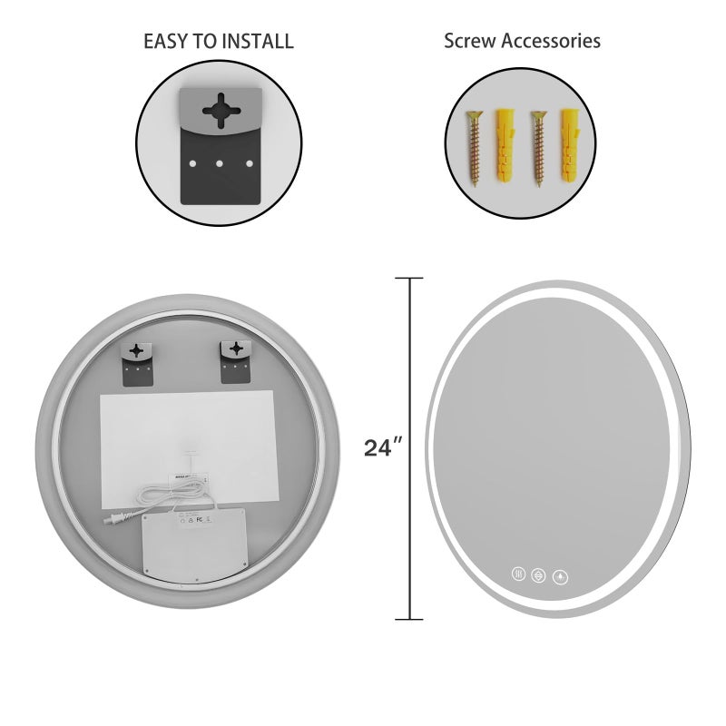 WISSMIELS LED Bathroom Mirror 24 Inch Round Bathroom Mirror with Lights, Circle LED Mirror, Wall Mounted Lighted Bathroom with 3 Colors Brightness, Anti-Fog, Dimmable, Shatter-Proof - Image 4