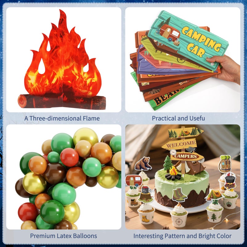 THAWAY 105 PCS Camping Birthday Party Decorations Kit with 3D Campfire & Forest Backdrop - Reusable Camp Theme Decor for Baby Showers, Outdoor Adventures & Celebrations - Image 4