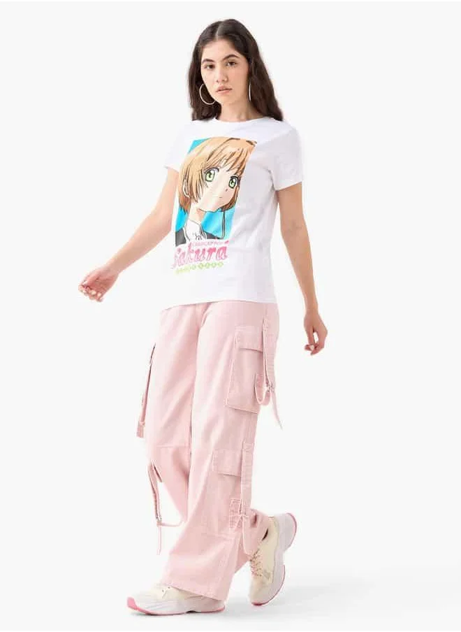 SP Characters Sakura Print T-shirt with Crew Neck and Short Sleeves