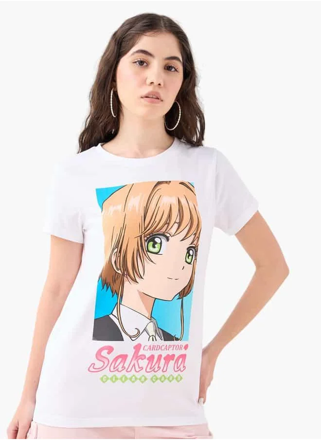SP Characters Sakura Print T-shirt with Crew Neck and Short Sleeves