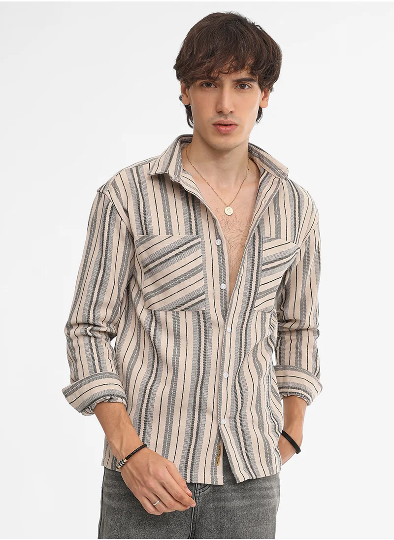 كامبوس سوترا Men's Bone Beige & Cloud Grey Multitrack Striped Oversized Shirt
