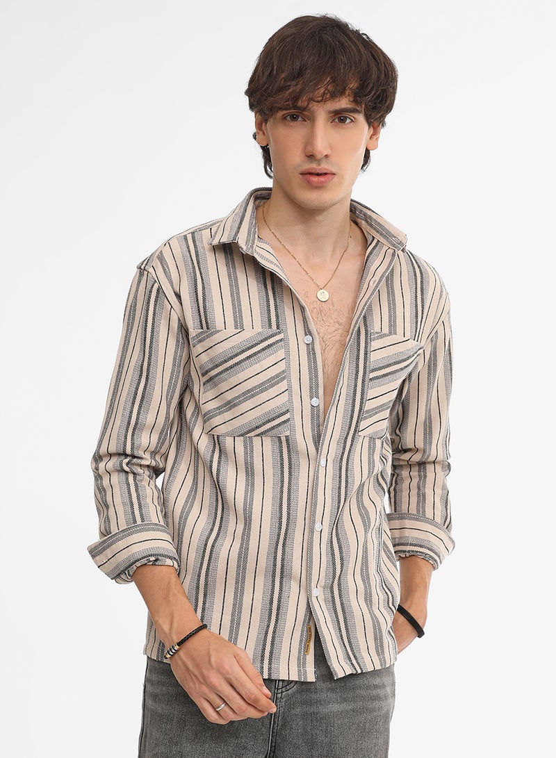 Campus Sutra Men's Bone Beige & Cloud Grey Multitrack Striped Oversized Shirt  - Image 2