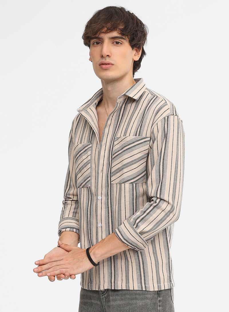 Campus Sutra Men's Bone Beige & Cloud Grey Multitrack Striped Oversized Shirt  - Image 3