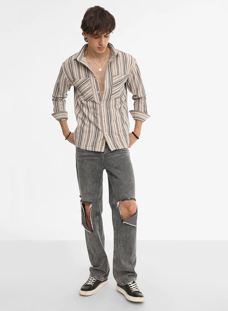 Campus Sutra Men's Bone Beige & Cloud Grey Multitrack Striped Oversized Shirt