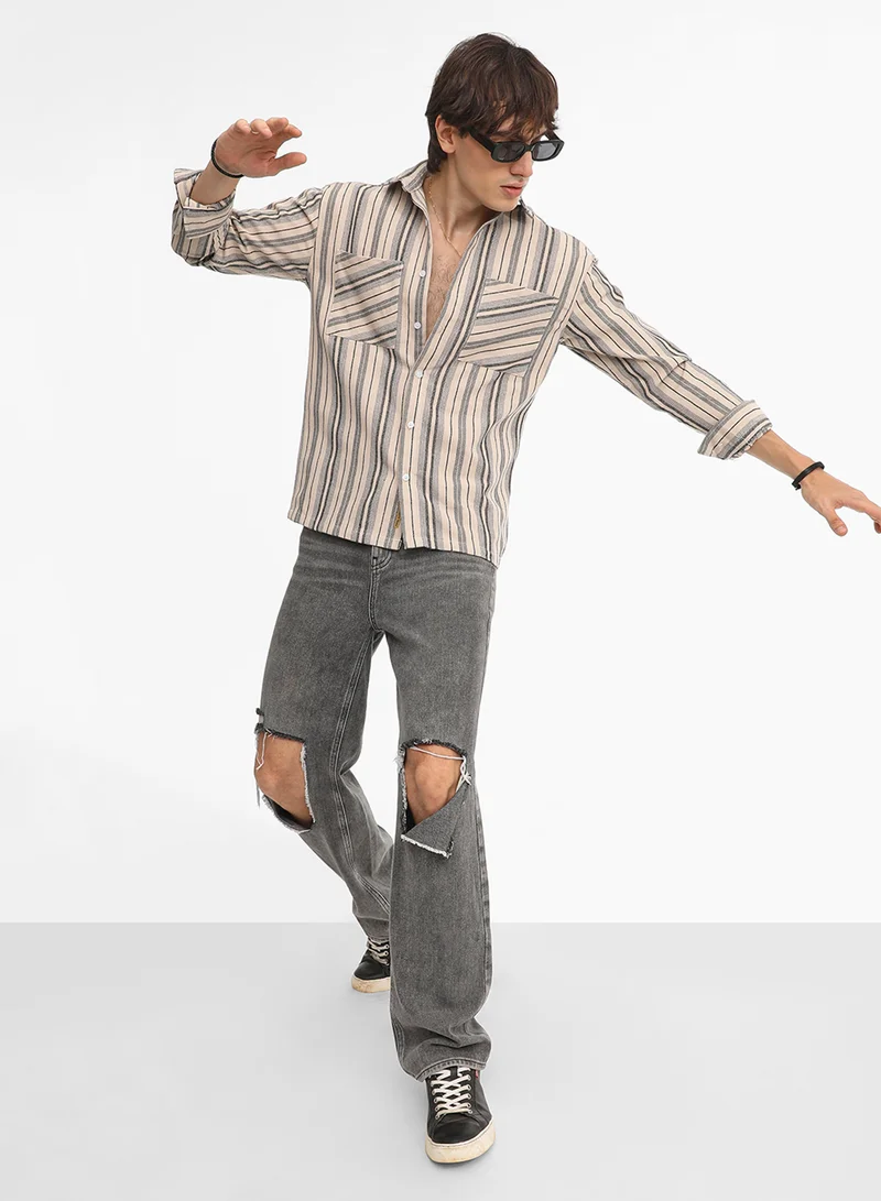 Campus Sutra Men's Bone Beige & Cloud Grey Multitrack Striped Oversized Shirt