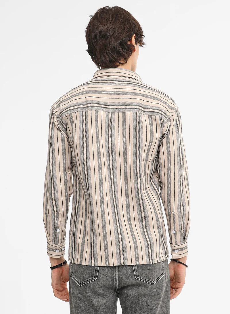 Campus Sutra Men's Bone Beige & Cloud Grey Multitrack Striped Oversized Shirt