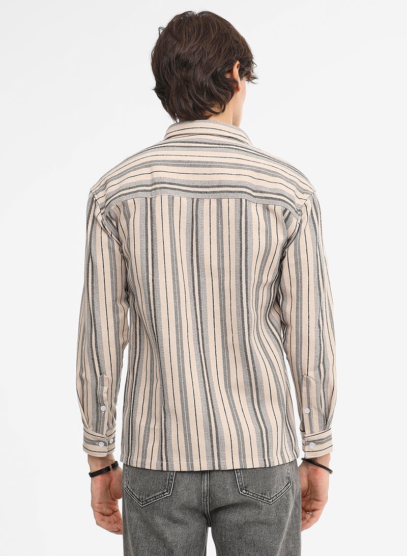 Campus Sutra Men's Bone Beige & Cloud Grey Multitrack Striped Oversized Shirt  - Image 5