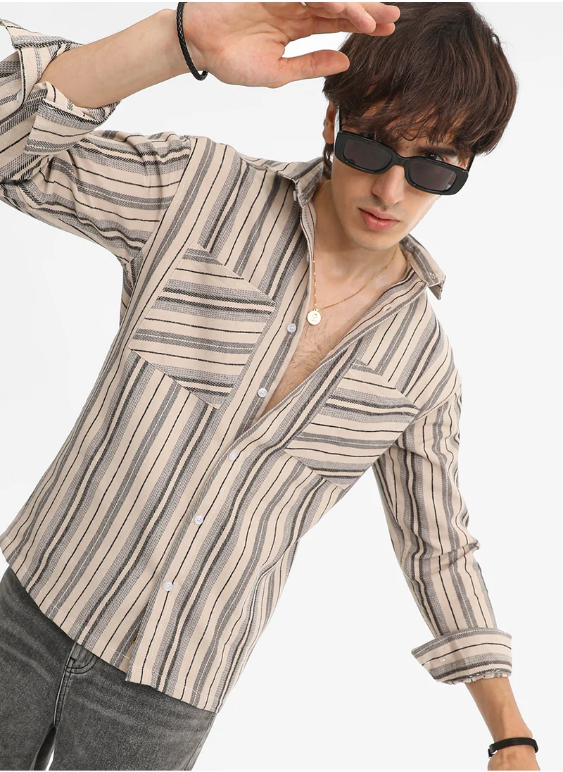 كامبوس سوترا Men's Bone Beige & Cloud Grey Multitrack Striped Oversized Shirt