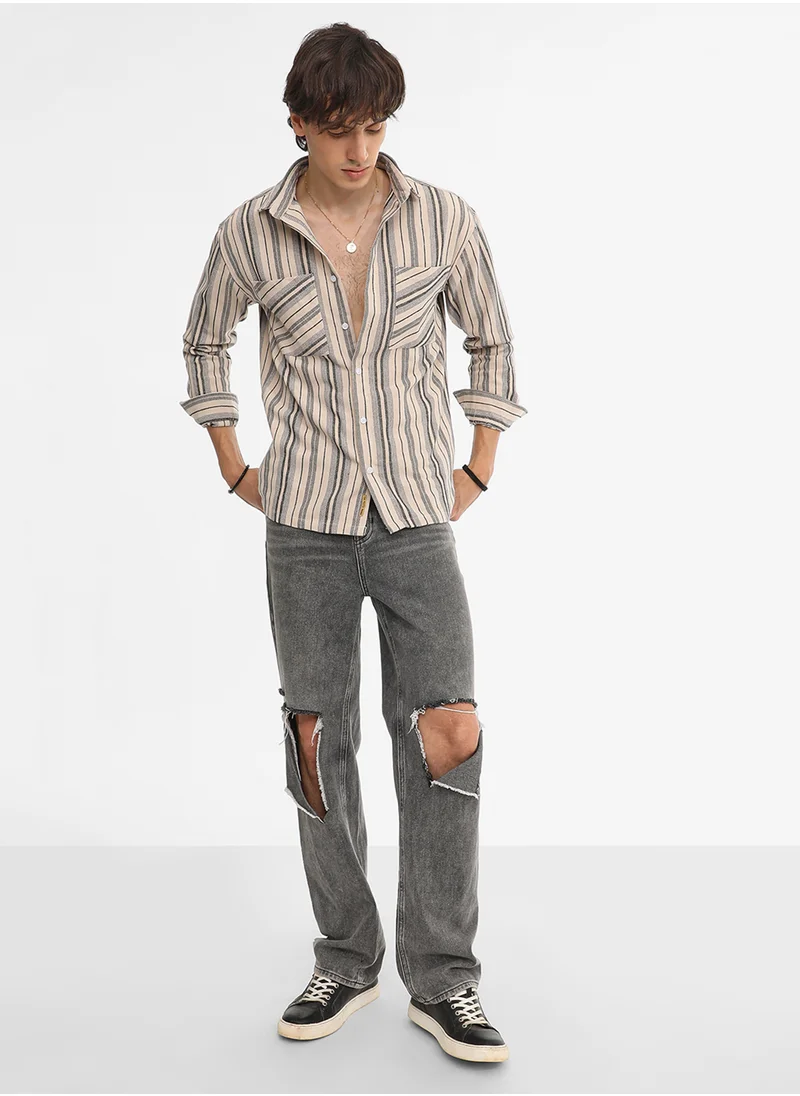 كامبوس سوترا Men's Bone Beige & Cloud Grey Multitrack Striped Oversized Shirt