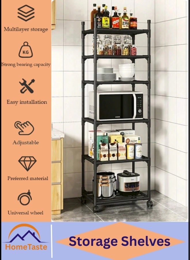 طعم المنزل رف تخزين مطبخ بستة طبقات مزود بعجلات - وحدة رفوف معدنية شديدة التحمل، رف تخزين متحرك قائم بذاته مزود بخطافات للمطبخ وغرفة الغسيل وغرفة النوم والخزانة (38×30×160 سم) - Image 1