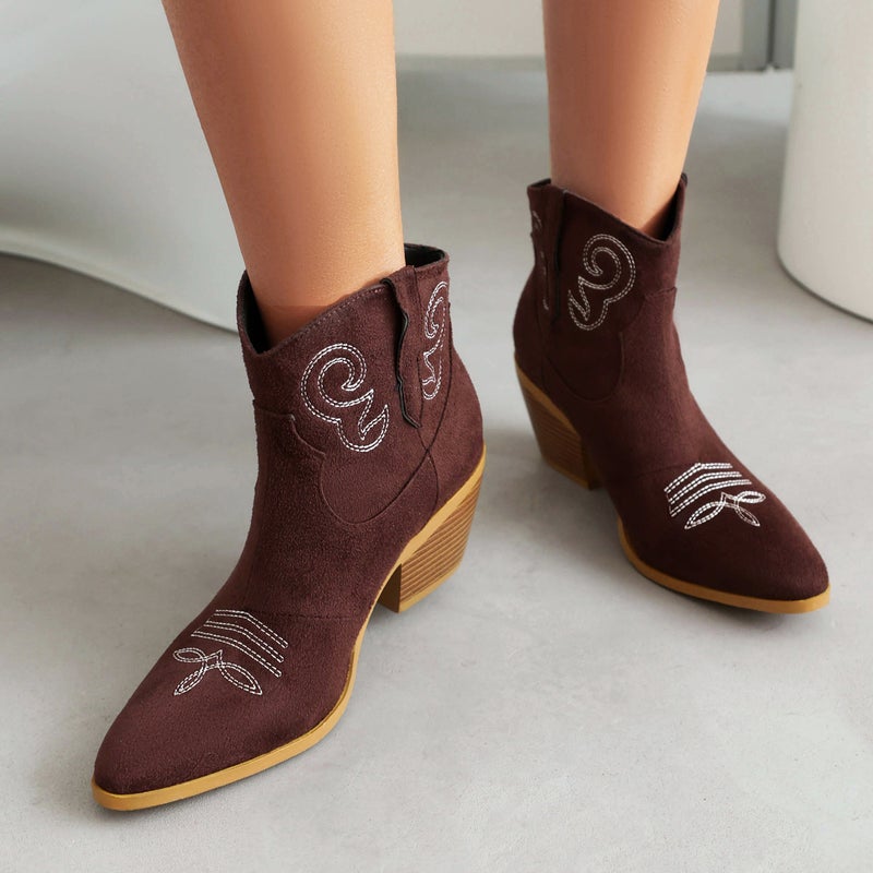 Fashion High-Heeled Embroidered Women'S Shoes 33-46 Plus Size Suede Low-Barrel Western Boots - Image 3