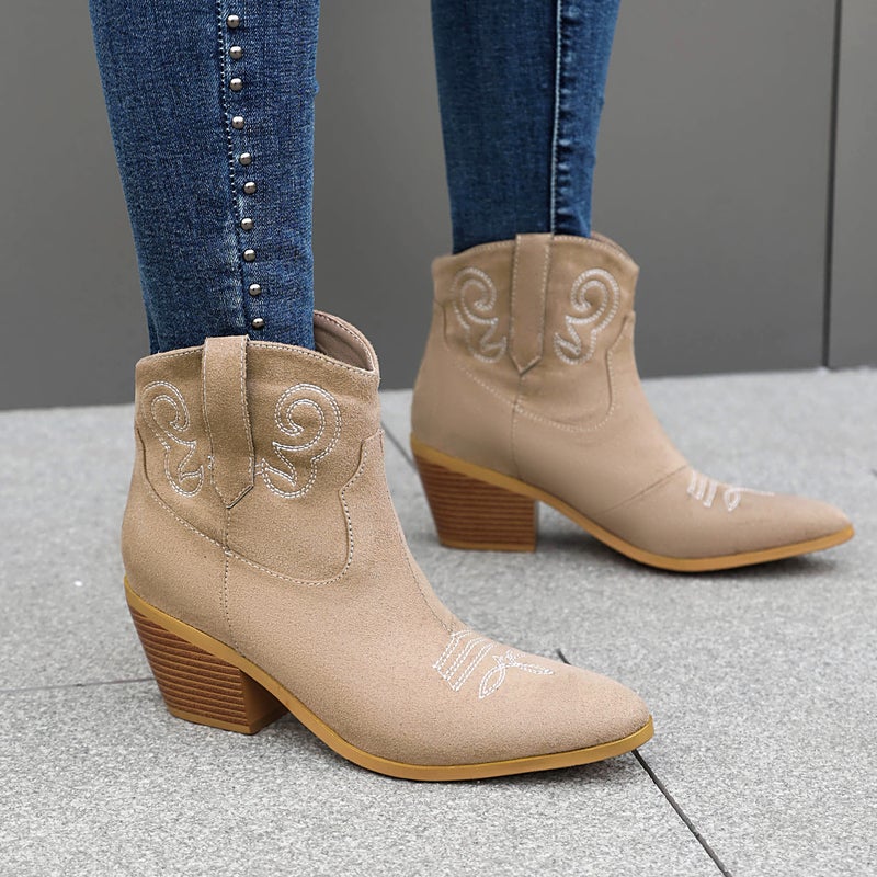 Fashion High-Heeled Embroidered Women'S Shoes 33-46 Plus Size Suede Low-Barrel Western Boots - Image 4