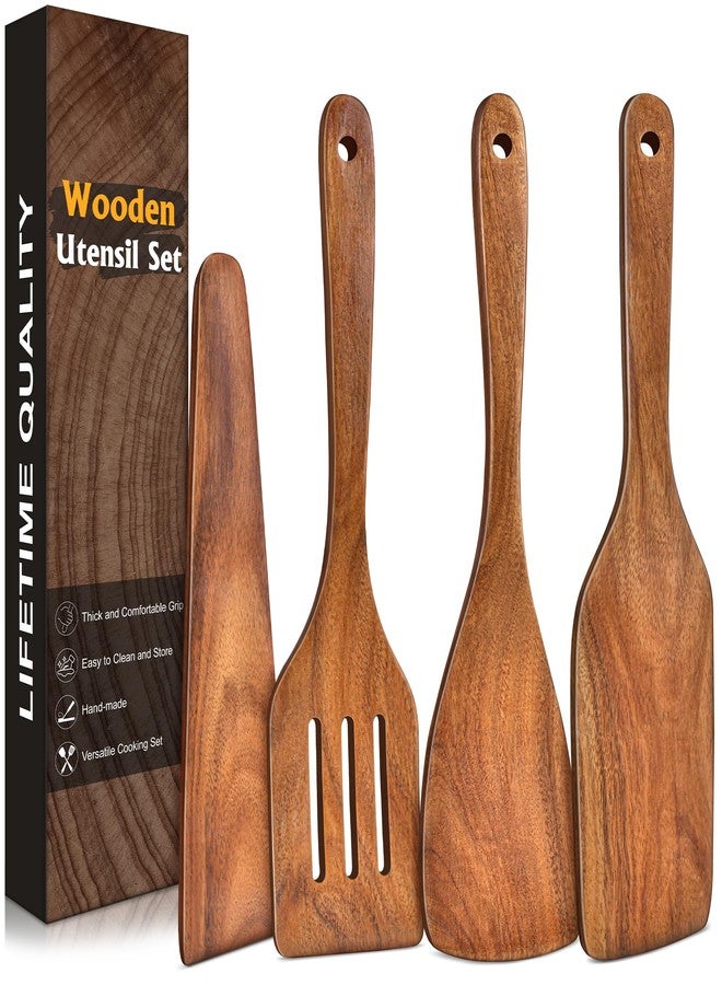 MemoGem 4Pcs Wooden Spatula for Cooking, Acacia Wooden Spatula for Kitchen Use, Nonstick Cookware Safe Utensils Set including Turner, Slotted Turner, Paddle and Scraper, Ideal Cooking Utensils Gift Set - Image 1