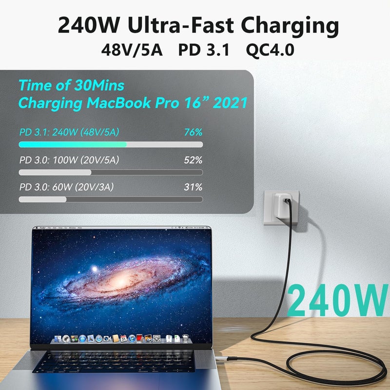 كيبل ديكون كابل تمديد USB4 Thunderbolt 4 بقدرة 240 واط و8K USB C ذكر/ذكر، شحن سريع، نقل بيانات بسرعة 40 جيجابت في الثانية، كابل فيديو بدقة 8K@60Hz و4K@144Hz، متوافق مع MacBook M1 M2 M3 (2 متر 6.6 قدم) - Image 3