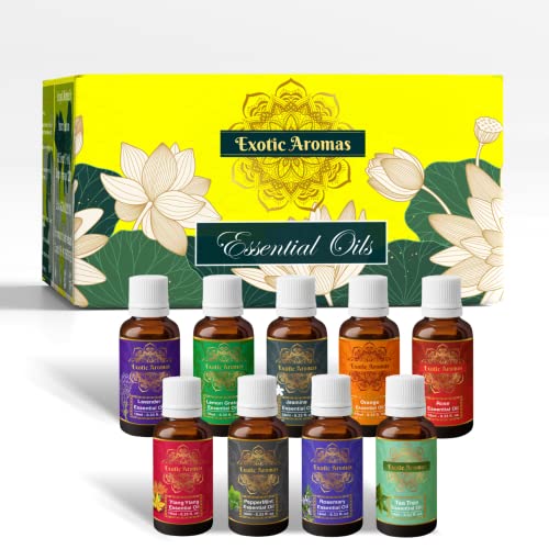 Exotic Aromas Essential Oil Lavender, Rose, Tea Tree, Jasmine, Ylang Ylang, Orange, Lemongrass, Peppermint, Rosemary, Pure & Natural (Pack of 9) - Image 1
