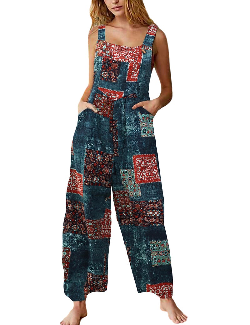 Himosyber Women's Patchwork Dual Pocket Jumpsuit Loose Floral Print Bohemian Wide Leg Bib Overall (#1TealBlue, M) - Image 1