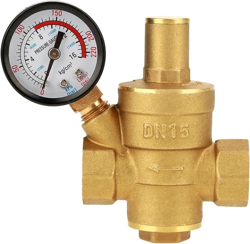منظم ضغط الماء من النحاس DN15 مع صمام تحكم قابل للتعديل في التدفق ومقياس - Image 1