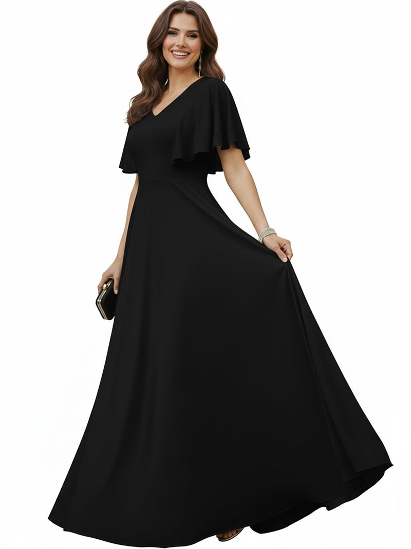 KOH KOH Plus Size Womens Short Sleeve Ruffle Elegant Modest Dressy Wedding Guest Prom Bridesmaid Cocktail Party Flowy Long Tall Formal Maxi Dress Dresses Gown Gowns, Black 3XL 22-24 - Image 1
