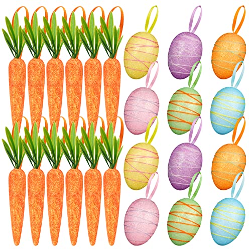 YBB 24 PCS Easter Egg Carrot Ornament Foam Glittering Hanging Eggs Carrots for Easter Party Supplies Tree Decoration - Image 1