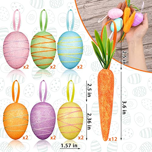 YBB 24 PCS Easter Egg Carrot Ornament Foam Glittering Hanging Eggs Carrots for Easter Party Supplies Tree Decoration - Image 3