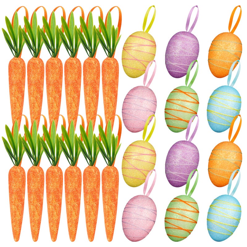 YBB 24 PCS Easter Egg Carrot Ornament Foam Glittering Hanging Eggs Carrots for Easter Party Supplies Tree Decoration - Image 2