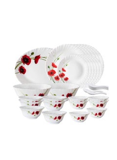LARAH BY BOROSIL Larah By Borosil Red Lily Opalware Floral Print Dinner Set, 33-Pieces, White 