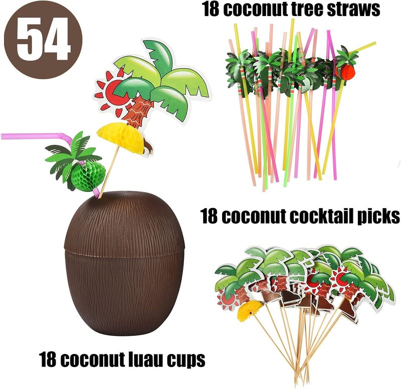 A-Link 18 Coconut Cups with 18 Straws and 18 Cocktail Drink Picks, Hawaiian Luau Tiki and Beach Party Decorations for Kids and Adults - Image 3