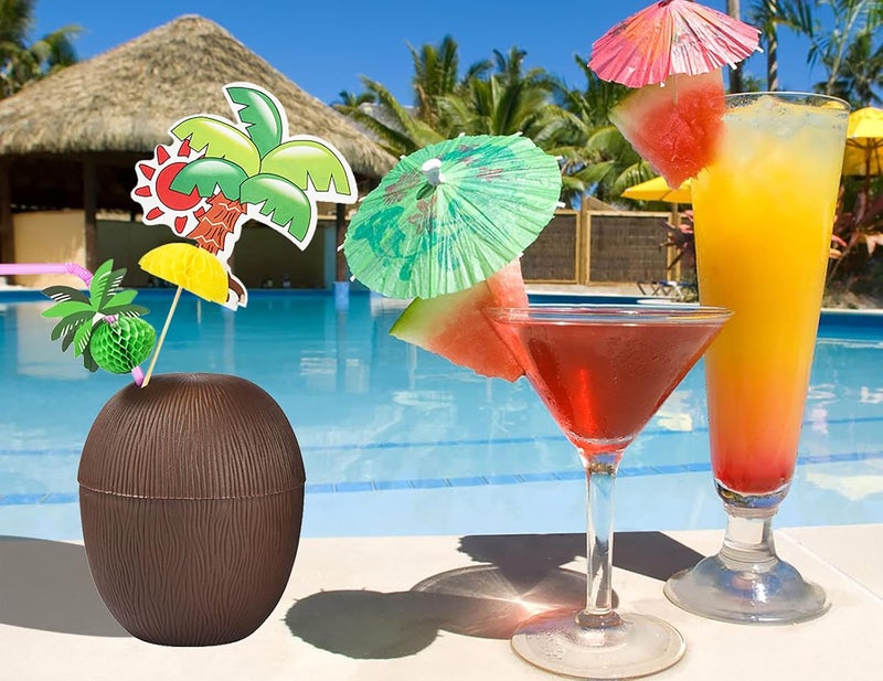 A-Link 18 Coconut Cups with 18 Straws and 18 Cocktail Drink Picks, Hawaiian Luau Tiki and Beach Party Decorations for Kids and Adults - Image 5