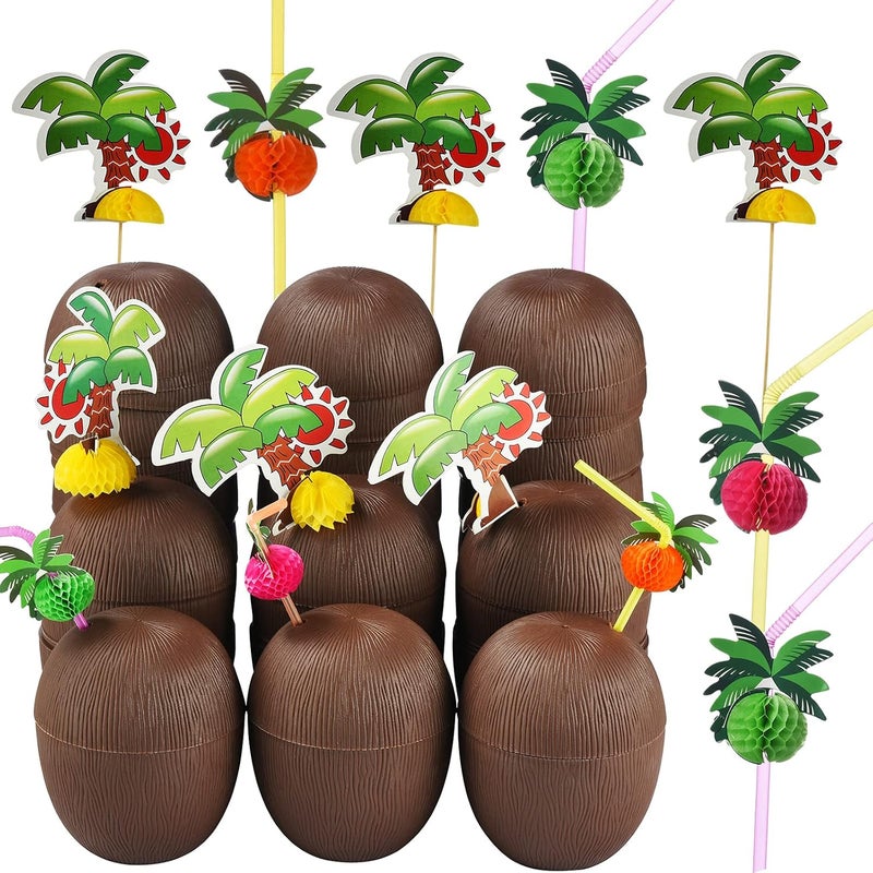 A-Link 18 Coconut Cups with 18 Straws and 18 Cocktail Drink Picks, Hawaiian Luau Tiki and Beach Party Decorations for Kids and Adults - Image 1
