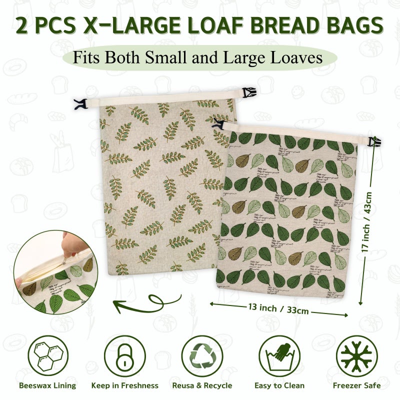 BYTTME 2 Pack Beeswax Bread Bags for Homemade Bread with Zipper, Large 13x17'' Reusable Beeswax Sourdough Bread Storage Bag, Keep Loaves Fresh Longer, Freezer Safe & Airtight, Natural, Zero Waste - Image 2