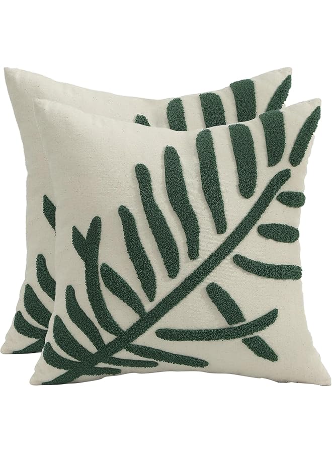 إيروريكس أغطية وسائد مزخرفة مقاس 18 × 18 بوصة، عبوة من 2 غطاء وسادة مطرز بأوراق استوائية خضراء، أغطية وسائد من القطن الريفي، أغطية وسائد مربعة مزخرفة بالزهور، ديكور منزلي - Image 1