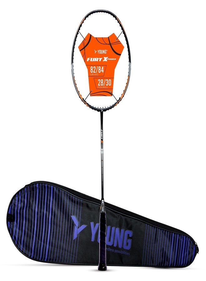 يونغ مضرب تنس الريشة Young Fury X Power (جرافيت كامل، 30 رطلاً) بدون أوتار مع غطاء كامل (أسود برتقالي) - Image 1