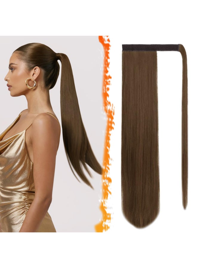 BARSDAR Medium Chesnut Brown Straight Wrap Ponytail Extension 26 Inch Long Straight Wrap Around Ponytail Hair Extensions for Women Synthetic Clip in Brown Pony Tails Hairpieces Daily - Image 2