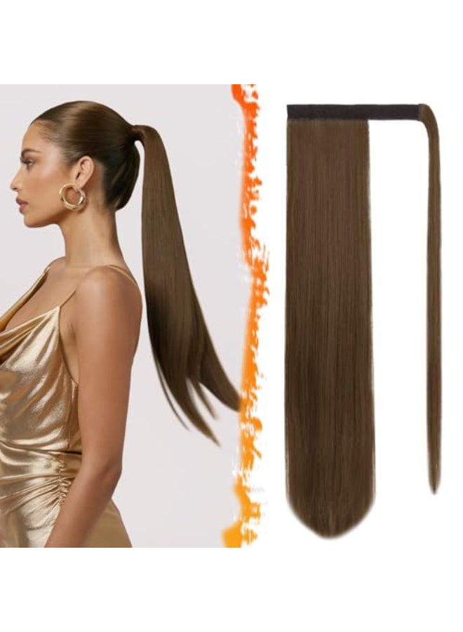 BARSDAR Medium Chesnut Brown Straight Wrap Ponytail Extension 26 Inch Long Straight Wrap Around Ponytail Hair Extensions for Women Synthetic Clip in Brown Pony Tails Hairpieces Daily - Image 1