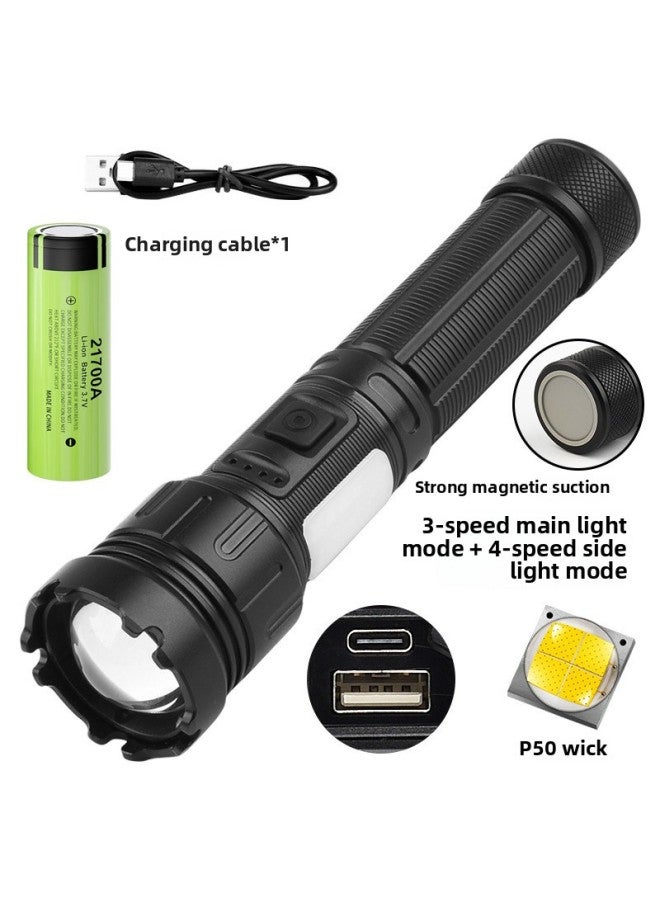 Xhp90cob High-intensity Flashlight Usb Rechargeable Outdoor Zoomable Side Light P160 Led Torch-Color:Short P50 COB Flashlight 1*21700 Battery Type-C Data Cable  - Image 1