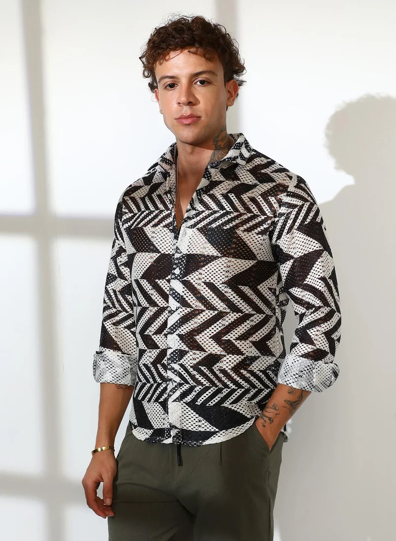 CAHOOT  Men's Taupe Brown & Cream White Chevron-Knit Shirt for Men | Best Price UAE