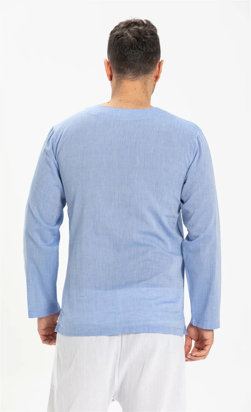 Eliş Şile Bezi Uzun Kol Şile Bezi Bisiklet Yaka Erkek Tshirt Mavi 3032