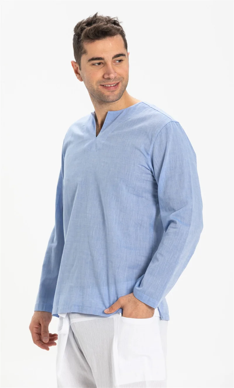 Eliş Şile Bezi Uzun Kol Şile Bezi Bisiklet Yaka Erkek Tshirt Mavi 3032