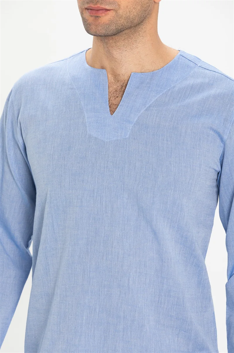 Eliş Şile Bezi Uzun Kol Şile Bezi Bisiklet Yaka Erkek Tshirt Mavi 3032