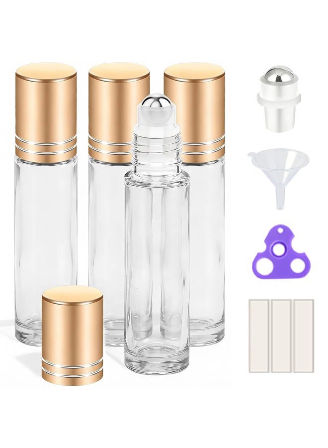 PrettyCare Essential oil Roller Bottles for Oils 10ml Glass Clear Perfume Bottles Empty with Extra Roller Balls, Opener, Funnel, Pipette, Labels, 4pack Roll on Bottles - Image 1