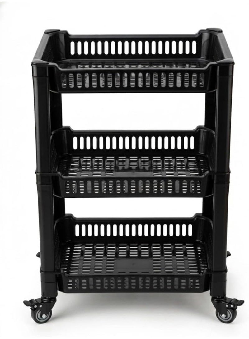 DmarQa 3-Tier Plastic Kitchen Storage Rack with Wheels, Black Multipurpose Vegetable Basket Organiser, Rolling Storage Trolley for Kitchen, Bathroom & Home Use, 49x34x75 cm - Image 4