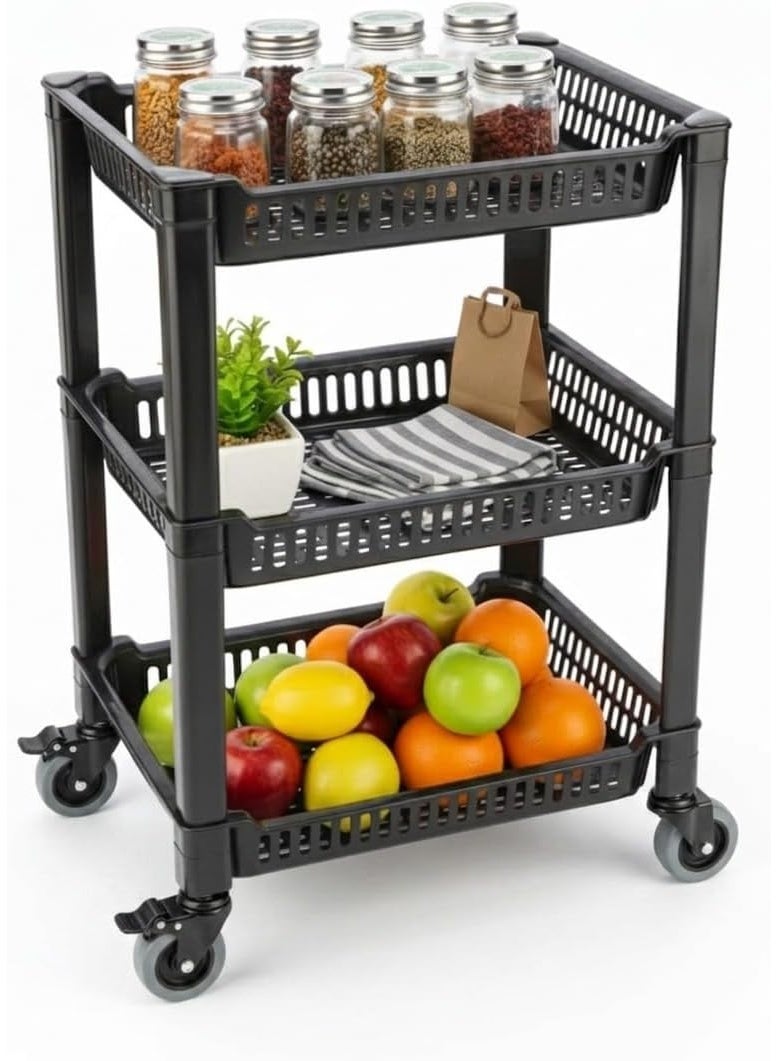 DmarQa 3-Tier Plastic Kitchen Storage Rack with Wheels, Black Multipurpose Vegetable Basket Organiser, Rolling Storage Trolley for Kitchen, Bathroom & Home Use, 49x34x75 cm - Image 5