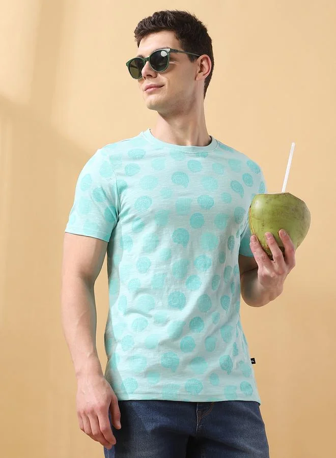 Dennis Lingo Men's Eggshell Blue 100% Cotton Printed Regular Fit T-Shirt
